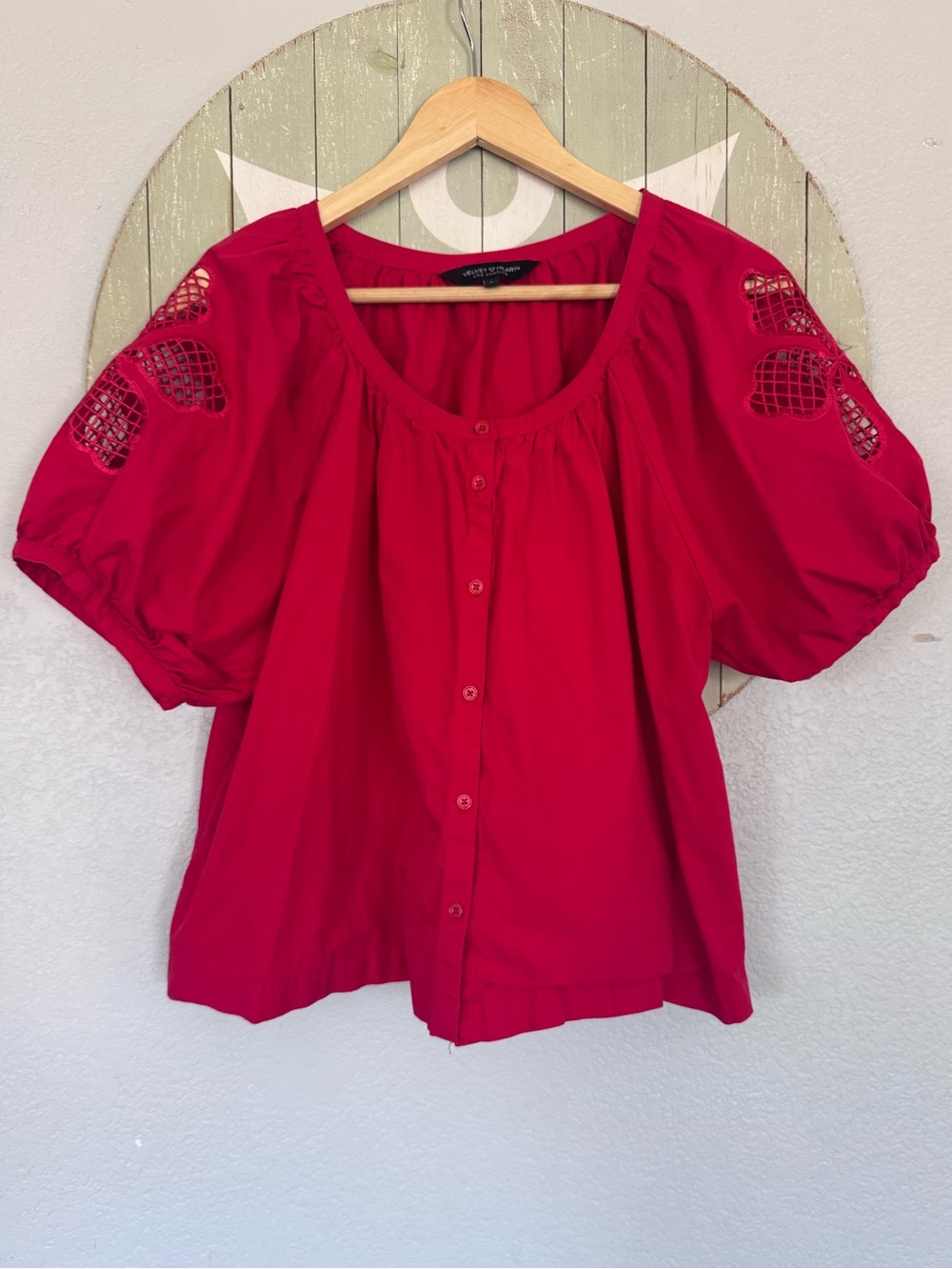 cotton red puff sleeve eyelet detail blouse large